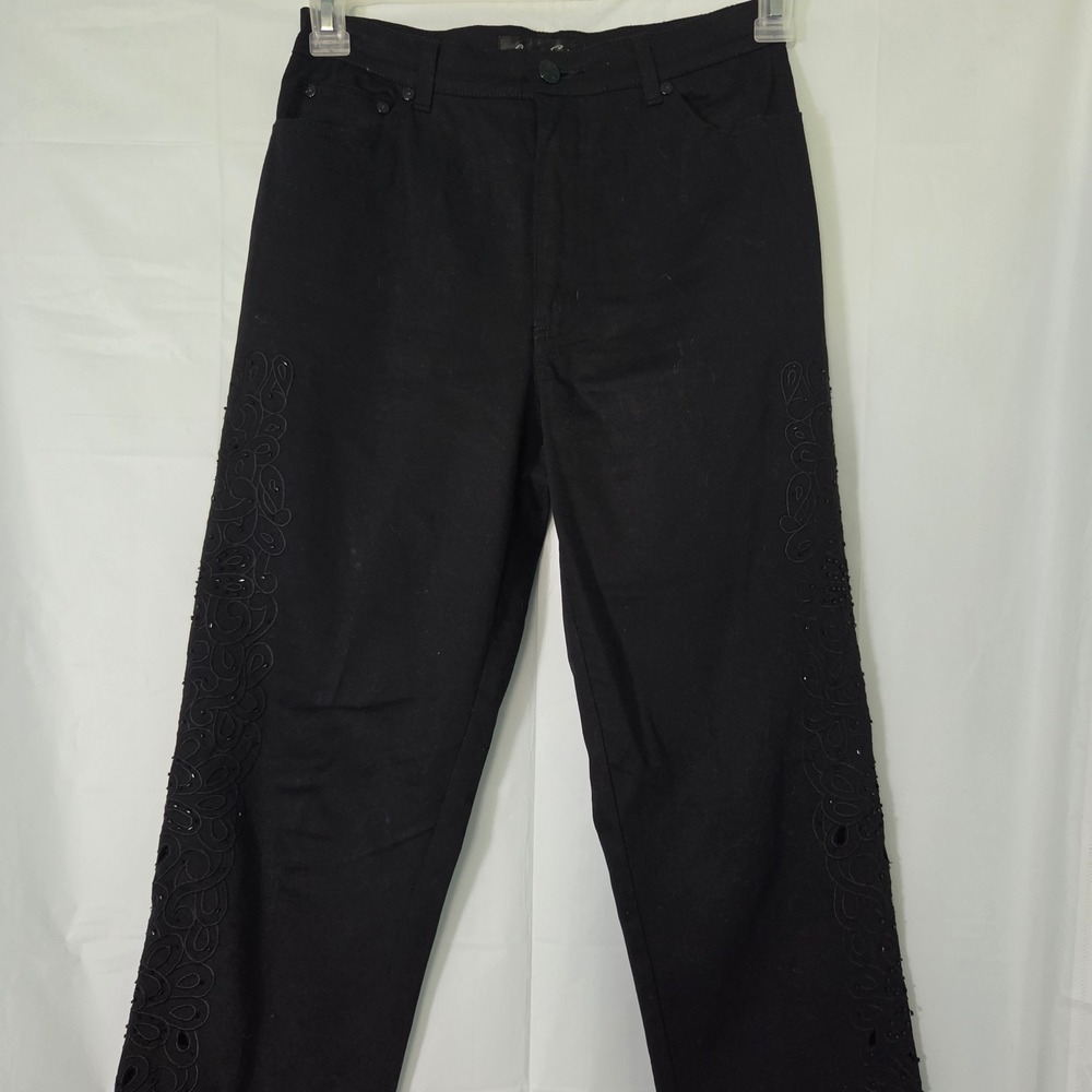 Lana Erica Womens Black Embroidered Beaded Eyelet Straight Leg Pants Size 4